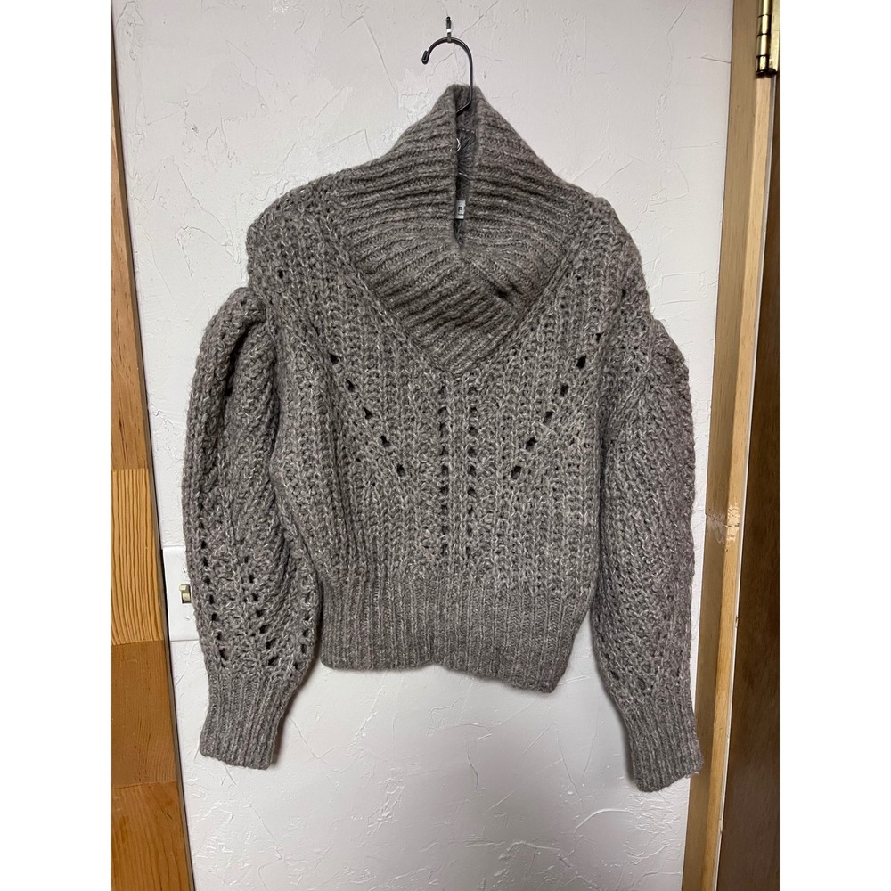 IRO QUALYA Chunky Knit Turtleneck Sweater‎ Puff Sleeve Holes Grey Small
